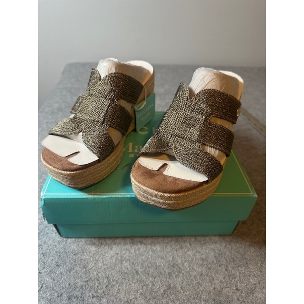 Skechers Martha Stewart Bronze Metallic Jute Slide Espadrille Wedge Sandals 6